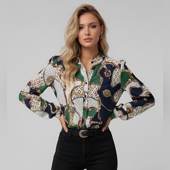 Chain Print Button Down Blouse - Picture 4 of 7